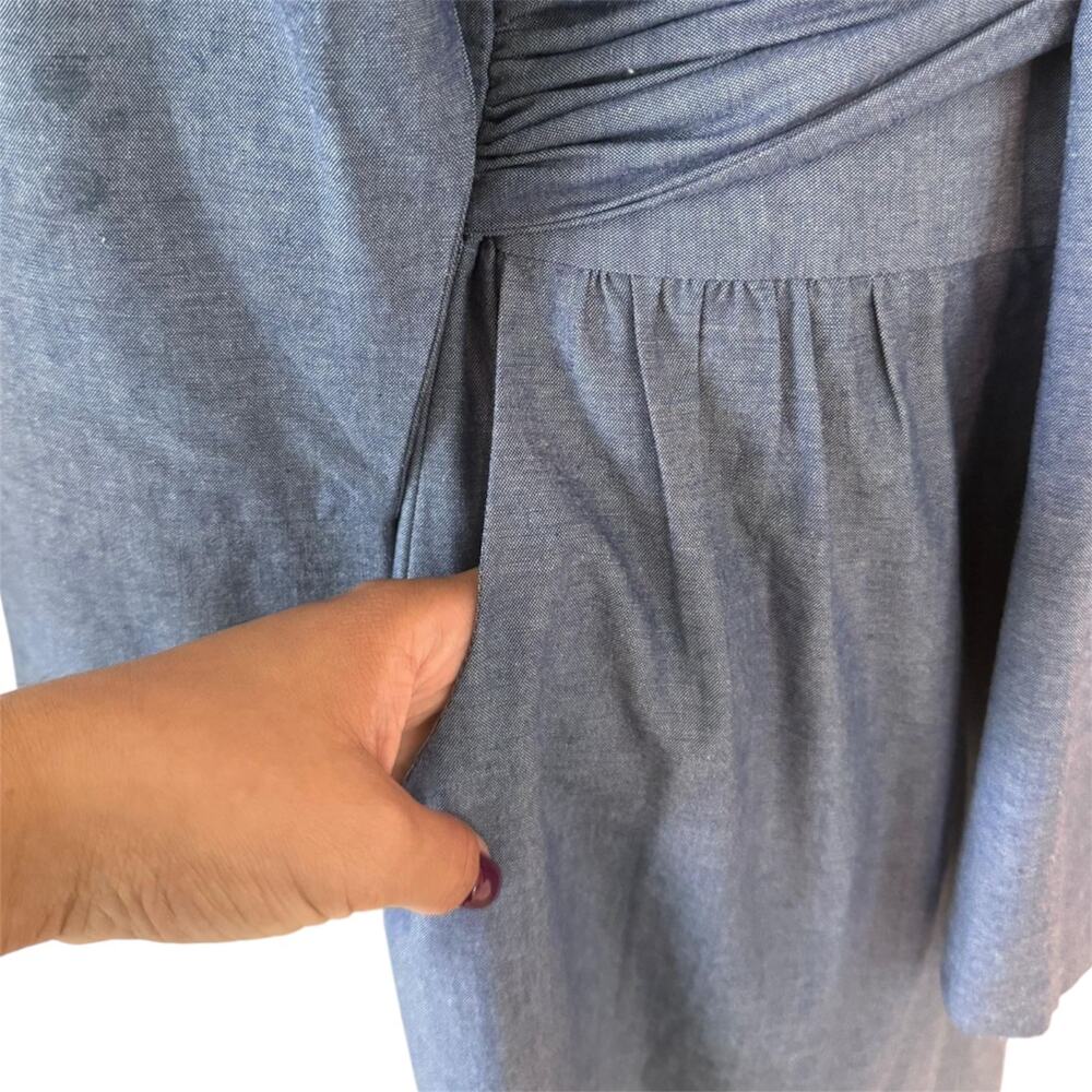 Gretchen Scott Breezy Blouson Chambray Blue Tie Waist Pockets Shirt Dress M - Picture 8 of 12